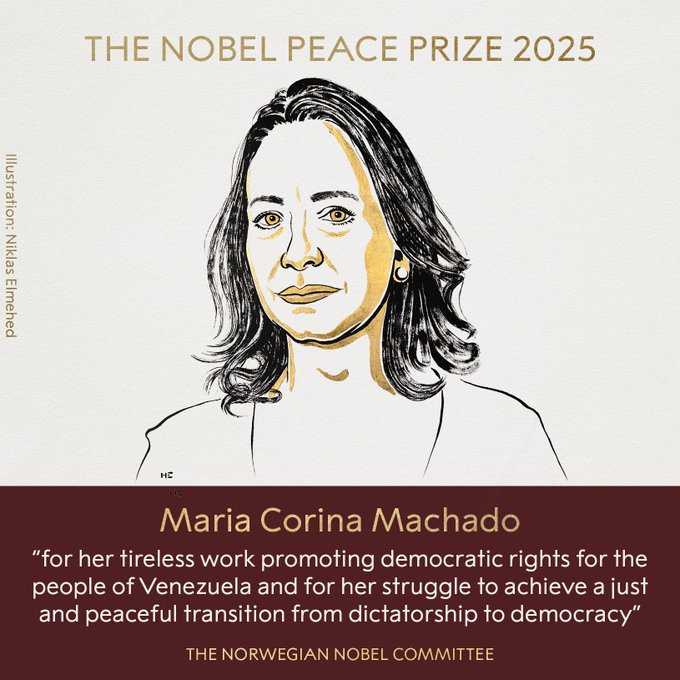 new Nobel Peace Prize laureate María Corina Machado for her courageous struggle to bring democracy to Venezuela new Nobel Peace Prize laureate María Corina Machado for her courageous struggle to bring democracy to Venezuela
